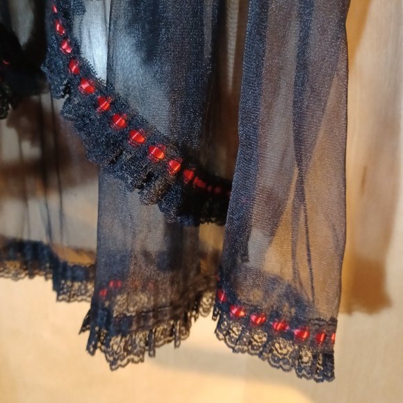 INNER MOST VINTAGE Black Red Ribbon Trim Cap Sleeves Babydoll Robe_Size Medium - Picture 10 of 10